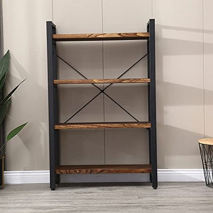 Solid Wood Bookshelf,4 Tier Rustic Vintage Industrial Etagere Bookcase, Open Metal and Wood Vintage Book Shelf, Retro Brown (RealWood)(4-Tier) - size: 4-Tiers-RealWood
