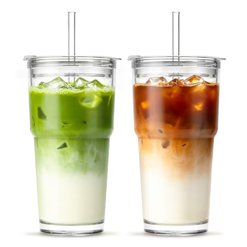 INSETLAN 20 oz Clear Glass Cup with Lid and Glass Straw, Set of 2 Thickened Glass Coffee Tumblers, Drinking Glasses with Straw for Smoothie, Tea, Milk, Whiskey, Water and More – Elegant & Durable - color: 20 oz - 2 Pcs