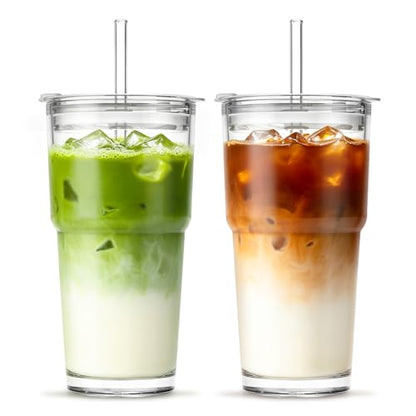 INSETLAN 20 oz Clear Glass Cup with Lid and Glass Straw, Set of 2 Thickened Glass Coffee Tumblers, Drinking Glasses with Straw for Smoothie, Tea, Milk, Whiskey, Water and More – Elegant & Durable - color: 20 oz - 2 Pcs
