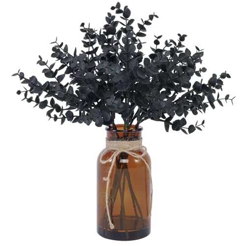 Coferset Fake Eucalyptus Stems in Glass Vase with Faux Water,Black | Halloween Decor,14" Fake Eucalyptus Plants Greenery Plants for Home Bathroom Shelf Office Desk Farmhouse Coffee Table - color: Black