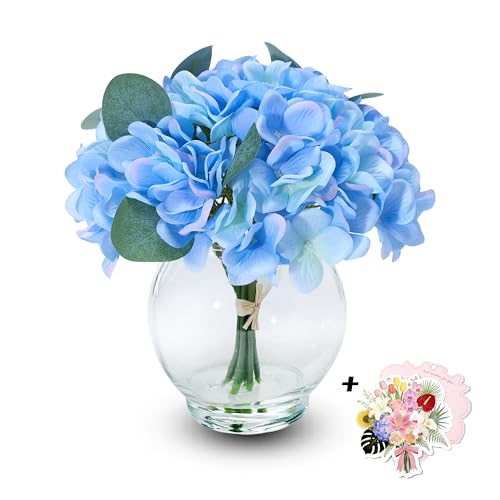 9in Artificial Blue Hydrangea in Glass Vase with Faux Water for Home Decor | Zero-Maintenance Hydrangea Floral Arrangement for Living Room Office Desk Decor & Wedding Party,Perfect Housewarming Gift - color: Blue Hydrangea With Glass Vase