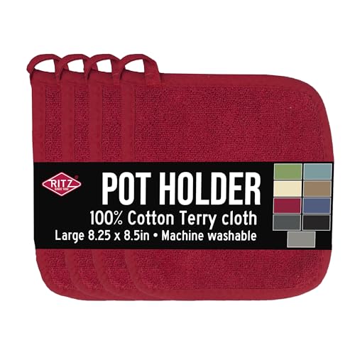 RITZ Terry Potholder & Hot Pad: Unparalleled Heat Resistant, Durable 100% Cotton – Ergonomically Designed for Optimal Grip – Easy-Care Machine Washable – 4-Pack, Paprika Red - color: Paprika Red, size: 4-Pack