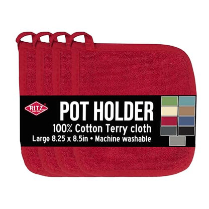 RITZ Terry Potholder & Hot Pad: Unparalleled Heat Resistant, Durable 100% Cotton – Ergonomically Designed for Optimal Grip – Easy-Care Machine Washable – 4-Pack, Paprika Red - color: Paprika Red, size: 4-Pack