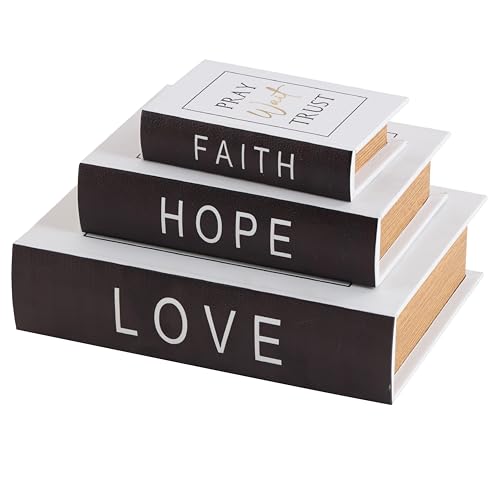 Deco 79 Wooden Decorative Box Love, Hope, Faith Faux Storage Book Book Shaped Boxes with Black Spine and Gold Accents, Set of 3 Decorative Keepsake Boxes 11", 8", 6"H, White - color: White, size: 11", 8", 6"H