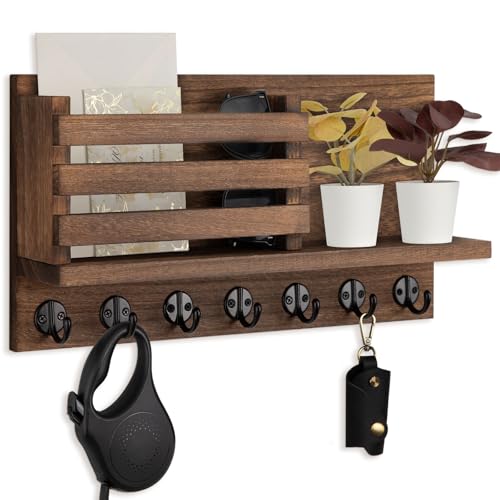 Lwenki Key Holder for Wall – Decorative Wooden Mail Holder and Key Shelf with Mounting Hardware, Installation Guide – Paulownia Wood with Metal Key Hooks (Brown, Extra Large - 15.6inch) - color: Brown, size: Extra Large - 15.6inch