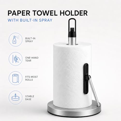 Paper Towel Holder with Spray Pump, All-in-One Countertop Paper Towel Stand with Refillable Bottle, One-Handed Tear Kitchen Roll Holder, Weighted Base, Brushed Stainless Steel(Nickel) - color: Nickel