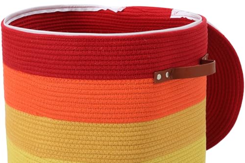 16"x20" Extra Large Cotton Rope Basket with Zipper Lid, Woven Laundry Hamper and Blanket Storage Basket, Round Clothes Bin for Living Room Bedroom, Rainbow Multicolor - color: Rainbow