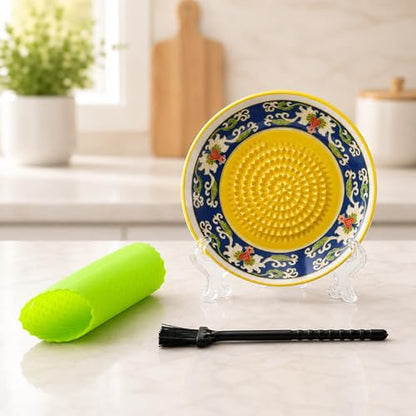 Ceramic Garlic Grater Plate Bowl Tomato Dish Made in Spain Spanish Grating Pan Herb Stripper Peeler Con Tomate Grater Plate Brush Stand Kitchen Gadget Gift Set Ginger Olive Oil Dip(#C) - color: #C