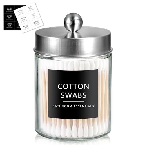 SheeChung 1 Pack Glass Qtip Holder with Brushed Nickel Stainless Steel Lid | Apothecary Jar with Stickers, Modern Farmhouse Bathroom Vanity Organizer for Cotton Swabs, Balls, Pads - color: Nickel, size: 8 Ounces