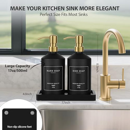 Black Glass Kitchen Hand and Dish Soap Dispenser Set, Bathroom Soap Dispenser Set with Tray and Stainless Steel Pump, Gold Kitchen Accessories (Black Bottle/Gold Pump) - color: Black Bottle + Gold Pump