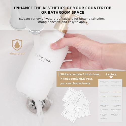 Soap Dispenser Bathroom - Dish and Hand Soap Dispenser Set, Glass Soap Lotion Dispenser with Pump for Kitchen with Tray, Waterproof Labels, 2 Lotion White Bottle/Gold Pump N - color: White Bottle/Gold Pump N+ Tray + Funnel