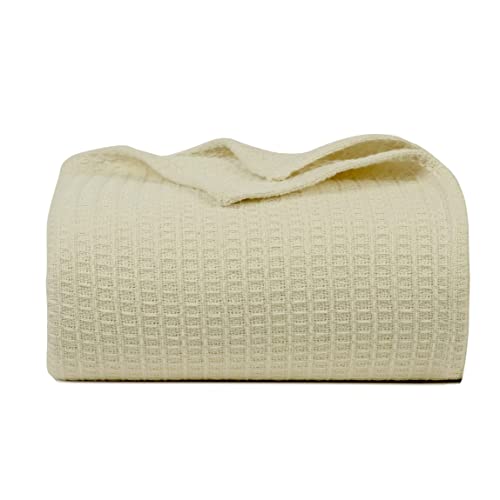 100% Cotton Waffle Weave Blanket, Queen Size 90 x 90 Inches, 300 GSM Lightweight Breathable Cooling Bed Blanket for Summer & All Season, Soft Woven Blanket, Ivory - color: Ivory, size: 90x90-Queen
