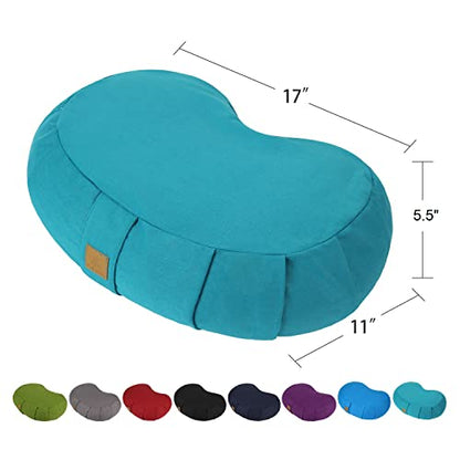 Crescent Zafu Meditation Pillow, D=17" W=11" H=5.5" Zabuton Yoga Bolster, Meditation Cushion, Floor Pouf Yoga Pillow Zippered Organic Cotton Cover Natural Buckwheat kneeling pillow - Large - color: Cyan Blue