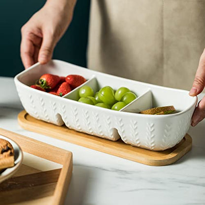 Miamolo Chip and Dip Set Bowl with Divided Serving Tray, Hosting Essentials | Acacia Wood Tray, Ceramic Serving Bowls | Condiment Tray for Dipping Sauces, Party | Kitchen Counter Decor, Microwave Safe - size: Large-11 inches