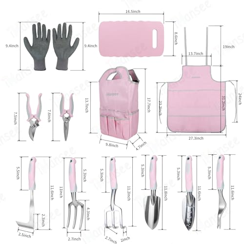 Pink Garden Tools Set 12-Piece, Gardening Gifts for Women | Aluminum Gardening Hand Tool with Non-Slip Handle, Kneeling Pad, Apron, Gloves and Organizer Handbag, Landscaping Tools - color: pink
