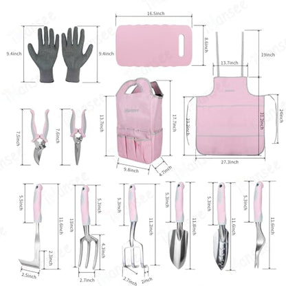 Pink Garden Tools Set 12-Piece, Gardening Gifts for Women | Aluminum Gardening Hand Tool with Non-Slip Handle, Kneeling Pad, Apron, Gloves and Organizer Handbag, Landscaping Tools - color: pink