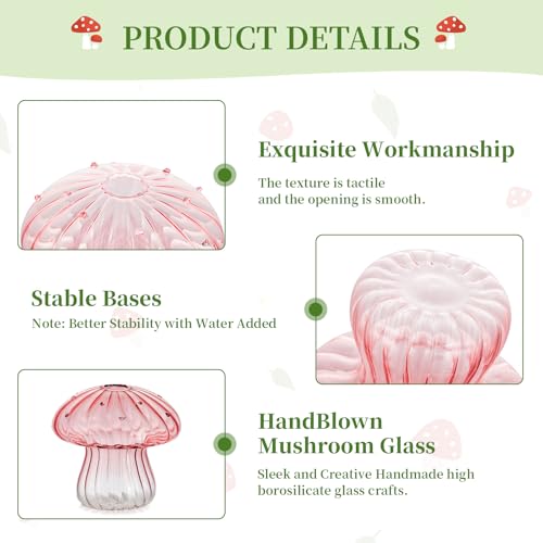 Glasseam Mushroom Plant Propagation Station: 5 Pcs Pink Glass Terrarium Jar | Handmade, Small Hydroponic Planters, Pothos Cutting Propagation Vase, Windowsill, Office, Table Centerpieces, Gifts for Women - color: Pink, size: 10