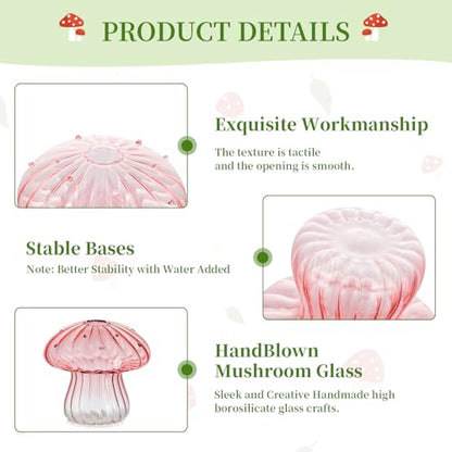 Glasseam Mushroom Plant Propagation Station: 5 Pcs Pink Glass Terrarium Jar | Handmade, Small Hydroponic Planters, Pothos Cutting Propagation Vase, Windowsill, Office, Table Centerpieces, Gifts for Women - color: Pink, size: 10