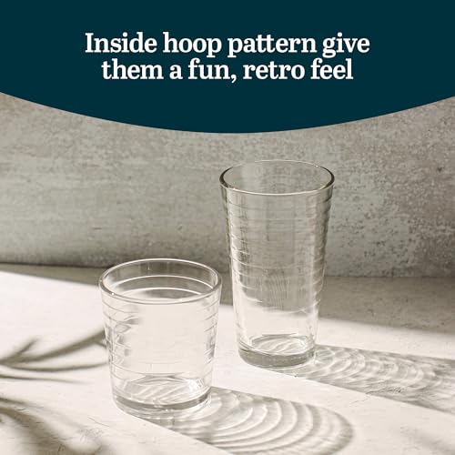 Libbey Hoops Tumbler and Rock Glass Set, Two Sized Nostalgic Retro Glass Cups Set, Dishwasher Safe Glasses Drinking Set of 16 for Any Occasion - color: 09 - Hoops