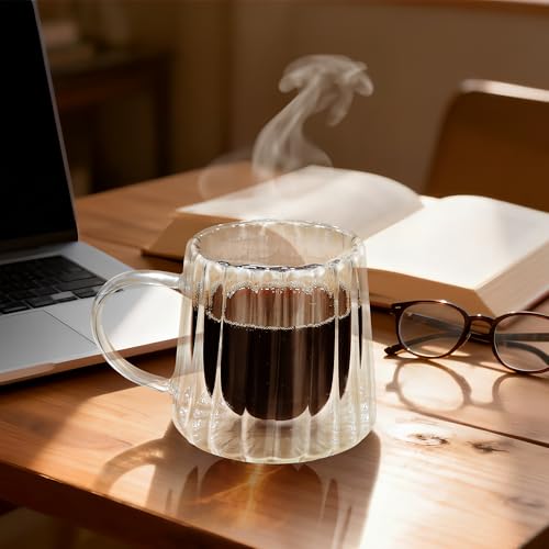 Joeyan Double Walled Glass Coffee Mugs,Latte Cappuccino Tea Cups with Handle,Insulated Borosilicate Espresso Shot Cups,Glass Milk Creamer Pitcher Frothing Cup Hot Beverage Glassware,8.5 oz,Set of 2 - color: 8.5 oz Double Walled Glass Coffee Mugs