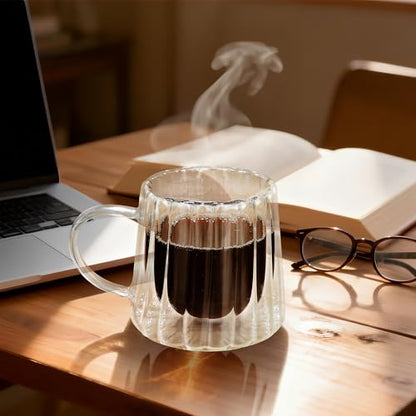 Joeyan Double Walled Glass Coffee Mugs,Latte Cappuccino Tea Cups with Handle,Insulated Borosilicate Espresso Shot Cups,Glass Milk Creamer Pitcher Frothing Cup Hot Beverage Glassware,8.5 oz,Set of 2 - color: 8.5 oz Double Walled Glass Coffee Mugs