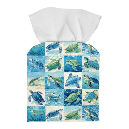 Tissue Box Cover Square, PU Leather Tissue Box Holder for Bathroom, Living Room & Office Desk, Watercolor Sea Turtles Grid Pattern, Decorative Modern Tissue Box Cover - color: Watercolor Sea Turtles Grid Pattern