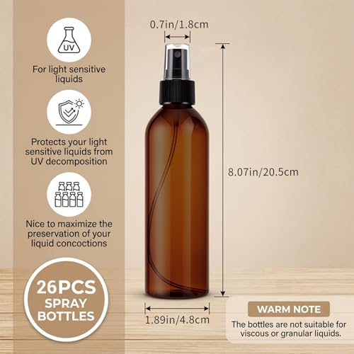 Fumusae 26 Pcs 8 oz Spray Bottles Fine Mist Cleaning Bottles, Amber Empty Plastic Travel Sprayer, Refillable Liquid Containers for Liquid Hair Oil Shampoo Lotion (8 oz,Amber)
