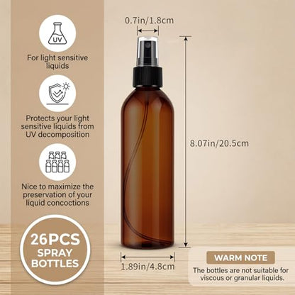 Fumusae 26 Pcs 8 oz Spray Bottles Fine Mist Cleaning Bottles, Amber Empty Plastic Travel Sprayer, Refillable Liquid Containers for Liquid Hair Oil Shampoo Lotion (8 oz,Amber)
