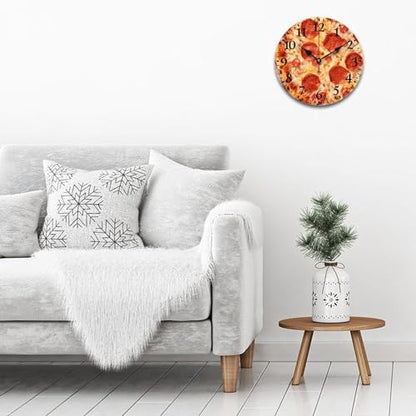 Wall Clock Pepperoni Cheese Pizza Round Rustic Wood Wall Clock Battery Operated Silent Funny Food Sausage Cheese Wood Clock 12 Inch Kitchen Dining Room Wooden Wall Clock Art Hanging Clocks - color: Pattern-1, size: 12 Inch