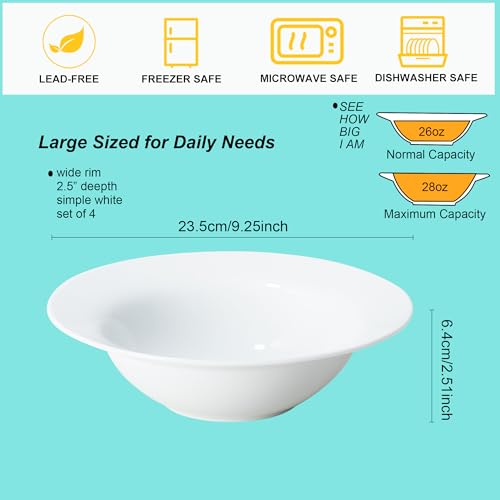 Soup and Pasta Bowls Set of 4, White Porcelain Wide Rim Salad Plates 27 oz Large Round Deep Plate 9 inch Ceramic Serving Bowl for Entree Dinner Noodle Kitchen Entertaining, Microwave & Dishwasher Safe - color: Round9.25"