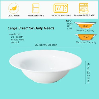 Soup and Pasta Bowls Set of 4, White Porcelain Wide Rim Salad Plates 27 oz Large Round Deep Plate 9 inch Ceramic Serving Bowl for Entree Dinner Noodle Kitchen Entertaining, Microwave & Dishwasher Safe - color: Round9.25"