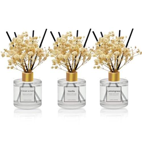 Reed Diffuser Set of 3 Pack,Clean Linen,Vanilla,Lemongrass Scented Oil Diffuser with 4 Sticks,Reed Diffusers for Home,Living Room,Bathroom Air Freshener Diffuser,50ml x 3