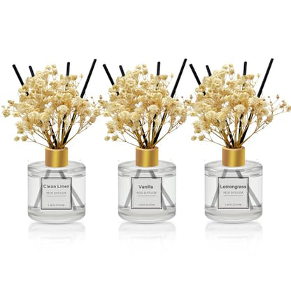 Reed Diffuser Set of 3 Pack,Clean Linen,Vanilla,Lemongrass Scented Oil Diffuser with 4 Sticks,Reed Diffusers for Home,Living Room,Bathroom Air Freshener Diffuser,50ml x 3