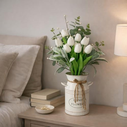 18 Stems White Artificial Tulip Bouquet with Eucalyptus | Real touch petals, pearl berries, bendable stems, elegant centerpiece, dining table decor, no vase - color: White