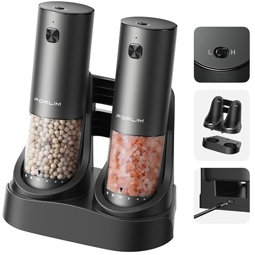 FORLIM 2-Speed Electric Salt And Pepper Grinder Set, External Rotation To Adjust Coarseness, Electric Salt and Pepper Shaker With Charing Base, One-Button Automatic Grinding, Washable Container - color: Titanium Space Gray