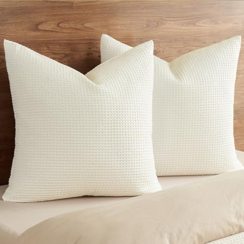 PHF 100% Cotton Waffle Throw Pillow Covers 24"X24", No Filling, 2 Pack Elegant Home Decorative Square Throw Pillow Covers for Bed Couch Sofa,Cream - color: Cream, size: 24" x 24" (Pack of 2)