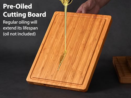 Allsum Carbonized Bamboo Wood Cutting Boards for Kitchen, 1” Thick Wooden Butcher with Juice Grooves and Handles, Cute Cheese Charcuterie Boards as a Gift for Chef, Family, 3 Pack - size: 3-Piece Set