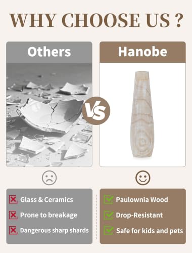 Hanobe Tall Wood Floor Vase for Pampas Grass, 22 in, Boho Beige | Paulownia wood grain with whitewashed finish, for rustic, farmhouse living room decor, break-resistant, pet-friendly.