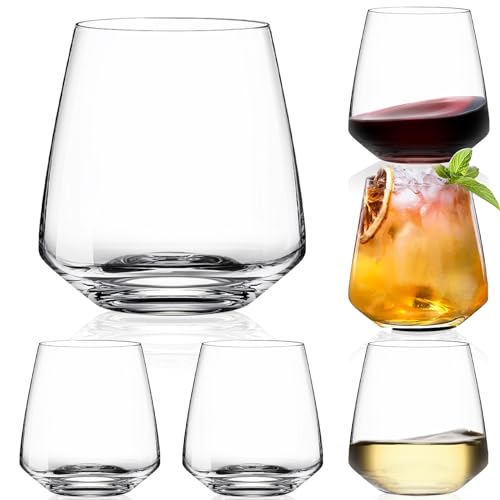 Stemless Wine Glasses Set of 6-15oz【Hand-Blown】 Durable Red White Wine Glasses,Unique Crystal Gifts for Him/Her for Wedding, Birthday,Father's Day - style: 6 Count (Pack of 1)