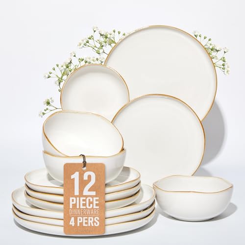 Dinnerware Set for 4, Ceramic Dish Set, Plate and Bowl Set, Microwave & Dishwasher Safe Dishware Set, Chip & Scratch Resistant Dinner Sets, Irregular Edge Design, White - color: White, size: Set (12pcs)