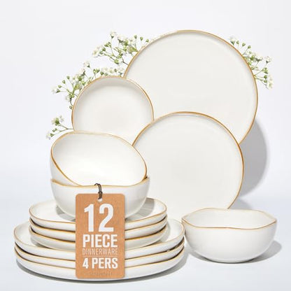 Dinnerware Set for 4, Ceramic Dish Set, Plate and Bowl Set, Microwave & Dishwasher Safe Dishware Set, Chip & Scratch Resistant Dinner Sets, Irregular Edge Design, White - color: White, size: Set (12pcs)