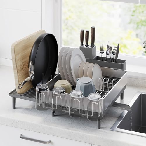 SONGMICS Large Dish Drying Rack, Expandable Dish Dryer for Kitchen Counter, Stainless Steel Dish Rack with Rotatable Spout, Utensil, Cup, Glass, Cutting Board, Pan Holders, Silver and Gray UKCS037G01 - color: Silver + Gray, size: 19.9"D x 19.1"W x 8.9"H