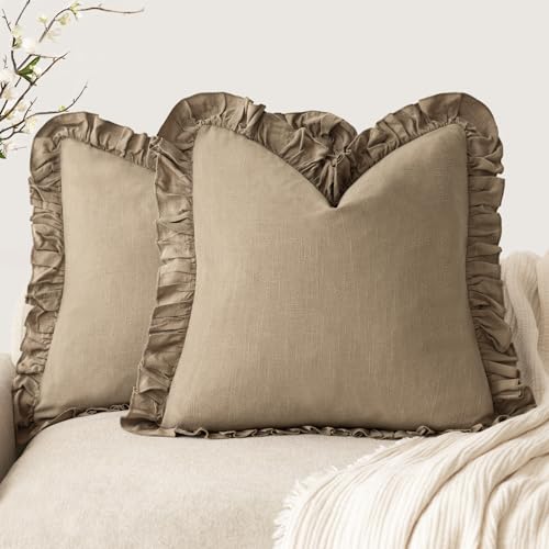 Foindtower Set of 2 Decorative Soild Fringe Ruffle Throw Pillow Covers Soft Boho Farmhouse Cushion Cover Cozy Accent Retro Pillowcase for Couch Sofa Bed Living Room Home Decor,20×20 Inch,Light Brown - color: Cocoa Brown, size: 20" x 20" (Pack of 2)