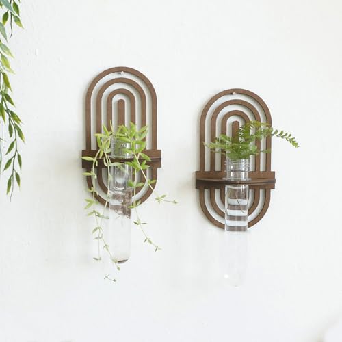 Artilady Plant Propagation Station Wall Hanging, Plant Terrariums with Tube | Boho Wood Air Plant Holder for Indoor Plants, Window Propagation Stations Vases for Living Room Bedroom Oval Wall Decor - color: Rainbow Design Wood
