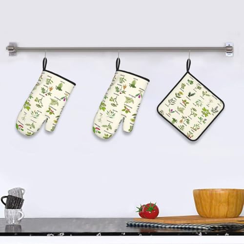 Cute Herbs Botanic Garden Plants Oven Mitts and Pot Holders Sets Heat Resistant for Kitchen BBQ Microwave Baking Grilling Cooks Set of 3 Kitchen Oven Glove - color: Cute Herbs