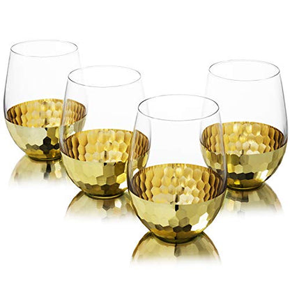 MyGift Modern Stemless Champagne Flute Glass Set of 4 Party Drinkware, Cocktails Prosecco Mimosa Glasses with Hammered Brass Plated Bottoms (Brass-Short) - color: Brass-Short