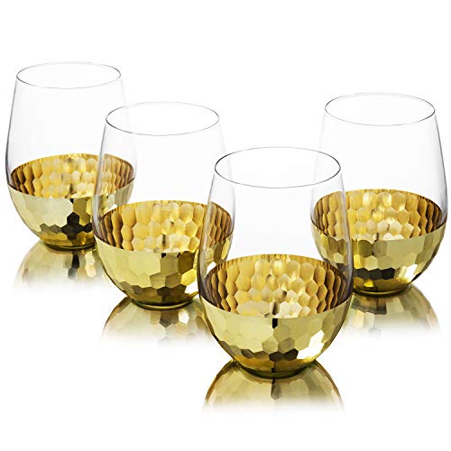 MyGift Modern Stemless Champagne Flute Glass Set of 4 Party Drinkware, Cocktails Prosecco Mimosa Glasses with Hammered Brass Plated Bottoms (Brass-Short) - color: Brass-Short
