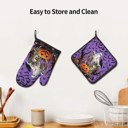 Giwawa Halloween Pumpkin Oven Mitts and Pot Holder Set of 2 Spooky Ghost Bat Heat Resistant Kitchen Gloves Hot Pad for Baking Cooking Grilling BBQ - color: Halloween Purple