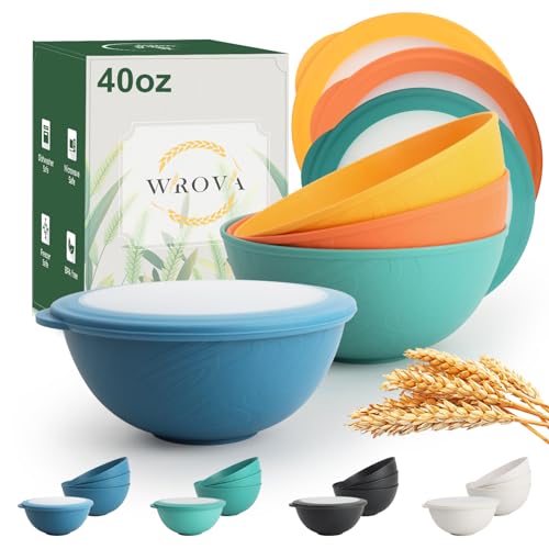40oz Wheat Straw Bowls with Lids Set of 4, Cereal Bowls with Covers | Microwavable Bowls with Lids Anti-leaking, Unbreakable Salad Bowl for Lunch, Dishwasher Safe Bowl Sets for Kitchen, Vibrant - color: Vibrant Series, size: 40oz with Lids