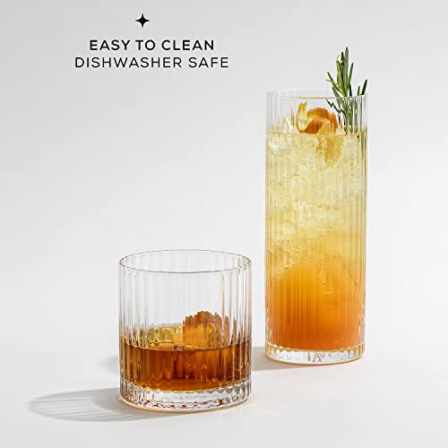 JoyJolt Elle 16oz Fluted Highball Glasses Set of 2, Ribbed Tall Cocktail Tumblers for Gin Juice Water, Vintage Style Drinking Glasses - style: Highball Glasses